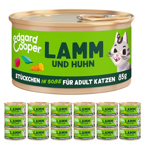 Edgard & Cooper Katzenfutter Nass Getreidefrei Katze Adult Erwachsene Sterilisierte oder Aktive Nassfutter Natürliche Stückchen in Soße 85g x 18 Lamm & Huhn, Schmackhafte und Ausgewogene von Edgard & Cooper