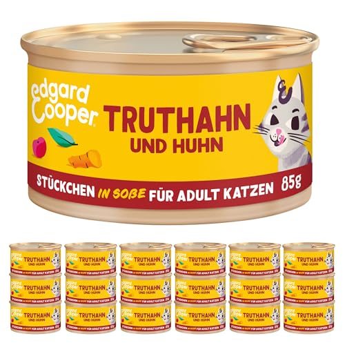 Edgard & Cooper Katzenfutter Nass Getreidefrei Katze Adult Erwachsene Sterilisierte oder Aktive Nassfutter Natürliche Stückchen in Soße 85g x 18 Truthahn & Huhn, Schmackhafte und Ausgewogene von Edgard & Cooper