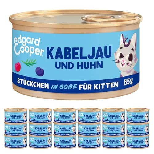 Edgard & Cooper Katzenfutter Nass Getreidefrei Kitten Katze Junior Sterilisierte oder Aktive Katzchen Nassfutter Natürliche Stückchen in Soße 85g x 18 Kabeljau & Huhn, Schmackhafte und Ausgewogene von Edgard & Cooper