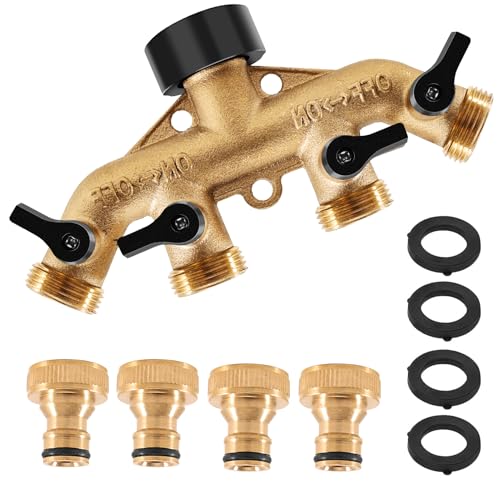 Editbar Wasserverteiler 4fach 3/4 Zoll aus Massivem Messing – Gartenschlauch Verteiler mit 4 Schnellverbinder & Dichtungen, Korrosionsbeständig, Ideal für Gartenbewässerung, Gewächshaus & Außenbereich von Editbar