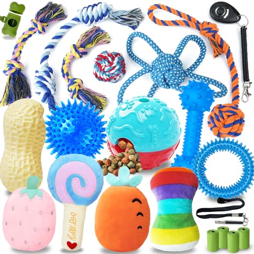 Eefitoys 22-in-1 Kauspielzeug für Welpen, Kauspielzeug für Welpen, mit Seilspielzeug, quietschendes Hundespielzeug und Leckerli-Bälle für kleine Hunde von Eefitoys