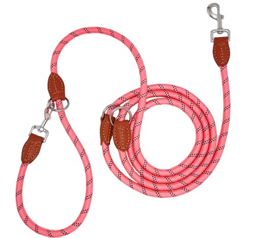 Hundeleine 3m für Große Mittelgroße Hunde mit Reflektierend Führleine Verstellbare Nylon Doppelleine aus Nylon mit 2 Karabinerhaken 3 Ringen14mm (Rosa) von Eeyfarog