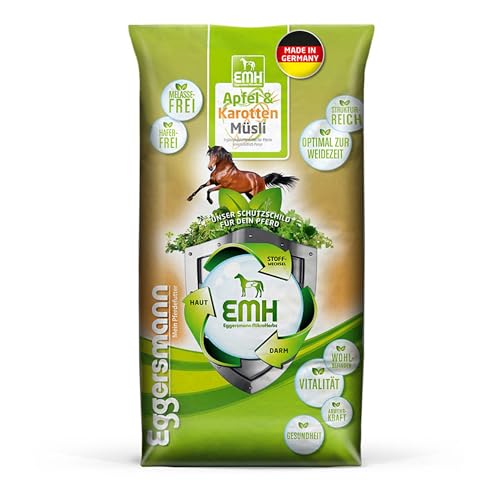 Eggersmann EMH Apfel & Karotten Müsli 15kg - Natürliches Kraftfutter für Pferde - Eiweißreduziertes Pferdefutter ohne Melasse - Ideal für Leichte bis Mittlere Arbeit von Eggersmann Mein Pferdefutter