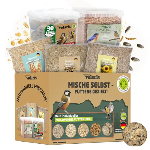 Eggersmann volaris Selbst-Mix-Bundle Plus für Wildvögel – Sonnenblumenkerne, Erdnüsse, Haferflocken 2 kg, Mehlwürmer 900 g & Meisenknödel 30 STK. – Ganzjähriges Vogelfutter zum Mischen von Eggersmann volaris