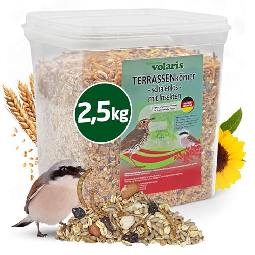 Eggersmann volaris Terrassenkörner mit Insekten 2,5 kg – Schalenfreies Wildvogelfutter mit Mehlwürmern, Sonnenblumenkernen UVM. – Ganzjahresfutter, Protein- & energiereich – Streufutter für Wildvögel von Eggersmann volaris