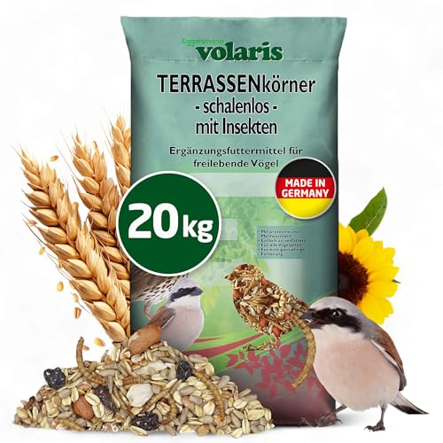 Eggersmann volaris Terrassenkörner mit Insekten 20 kg – Schalenfreies Wildvogelfutter mit Mehlwürmern, Sonnenblumenkernen UVM. – Ganzjahresfutter, Protein- & energiereich – Streufutter für Wildvögel von Eggersmann volaris