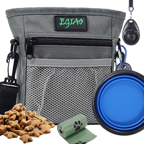 Egiao Leckerlibeutel für Hunde 2.0, Leckerlibeutel für Haustiertraining, integrierter Kotbeutelspender, Taillengürtelclip, Welpenleckerli-Tasche mit Magnetverschluss – Grau von Egiao