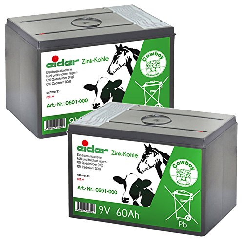 Eider Sparpack: 2X 9V Zink Kohle Trockenbatterie 60 Ah - Elektrozaun Batterien für 9 Volt Geräte von Eider