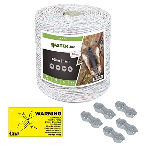 Eider TLDmax Weidezaunlitze, 3 mm, weiß/rot - für die Schaf-, Ziegen- und Geflügelhaltung optimal geeignet - mit Warnschild und Verbindern (1 Rolle (400 m)) von Eider