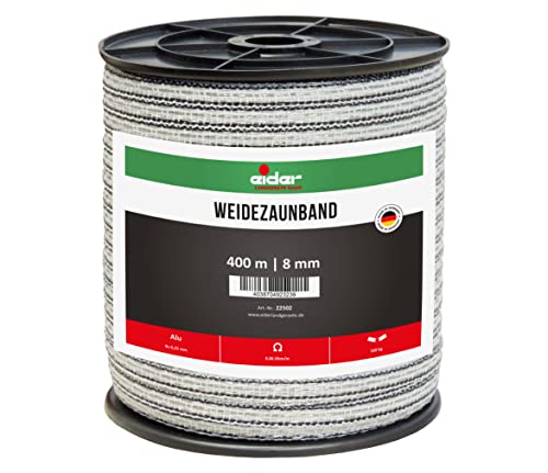 Eider Weidezaunband, 8 mm, 400 m - hohe Hütesicherheit für Lange Zäune - sehr Gute Leitfähigkeit von nur 0,06 Ohm/m - 9 Aluleiter 0,25 mm Ø - Made in Germany von Eider