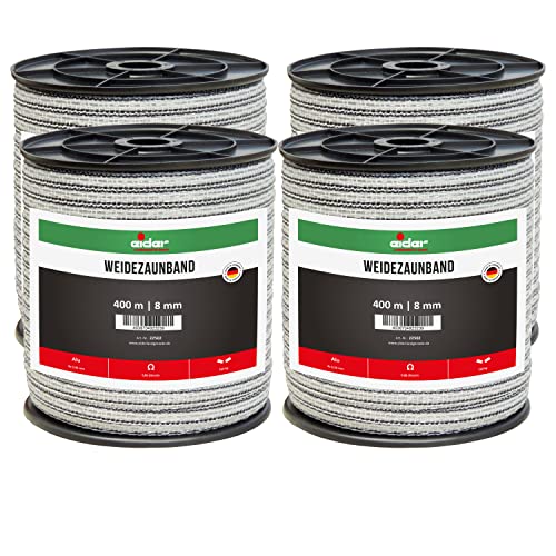 Eider Weidezaunband, 8 mm, weiß/schwarz - 400 m Rollen - sehr Gute Leitfähigkeit von nur 0,06 Ohm/m - Made in Germany (4 Rollen) von Eider
