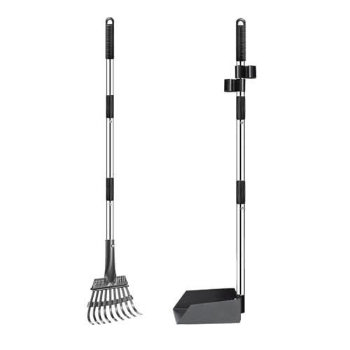 Eidoct Haustierkotschaufel und Rechen aus Metall für große, mittelgroße und kleine Haustiere, 96,5 cm langer, verstellbarer langer Griff mit Mülleimer zur Entfernung von Haustierabfällen, kein Biegen von Eidoct