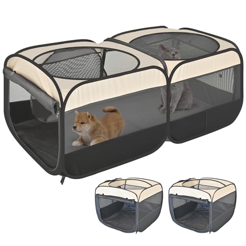 2-in-1 Pop-Up-Katzenlaufstall, abnehmbar in 2 separate Stifte mit zusätzlichen Türen, montagefreie tragbare Hundekäfige, Haustiergehege, Zelt, Zwinger, Kätzchen, Welpengehege, Käfig, für drinnen und von EighteenTek