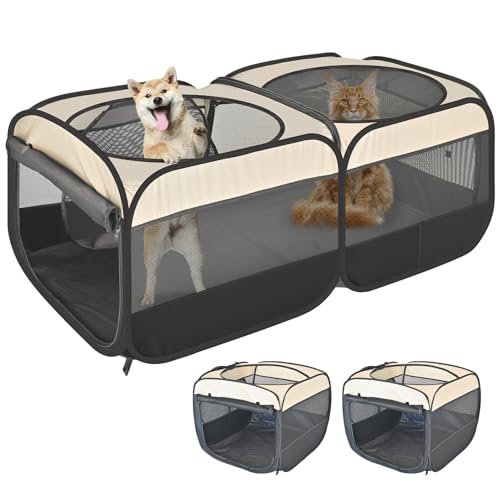 2-in-1 Pop-Up-Katzenlaufstall, abnehmbar in 2 separate Stifte mit zusätzlichen Türen, montagefreie tragbare Hundekäfige, Haustiergehege, Zelt, Zwinger, Kätzchen, Welpengehege, Käfig, für drinnen und von EighteenTek