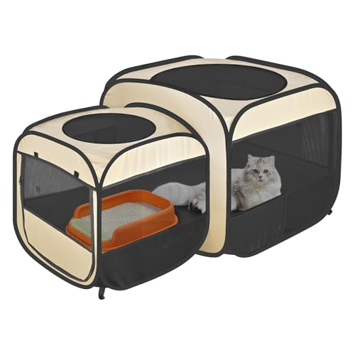 2-in-1 tragbarer Katzenlaufstall, Pop-Up-Haustierhütte, Laufstall, Katzenzelt, Hauskäfig, faltbares Welpengehege, Kätzchen-Kisten, drinnen und draußen (beige) (ohne Trennwand, Durchgehen) von EighteenTek