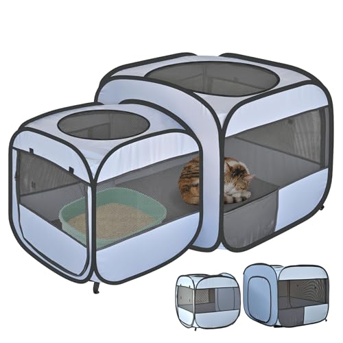 EighteenTek 2-in-1 tragbarer Laufstall für Katzen, abnehmbar in 2 separate Käfige mit zusätzlichen 2 Türen, Pop-Up-Haustier-Spielstall, Katzenzelt, faltbar, Welpengehege, Kätzchen, für drinnen und von EighteenTek