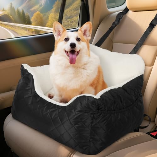 Eikuavons Hunde Autositz Kleine Hunde, Hundesitz Auto mit Aufbewahrungstaschen, Ansteckbare Leine Hundebett Auto für Rückbank Vordersitz, Schwarz 47x47x21cm von Eikuavons