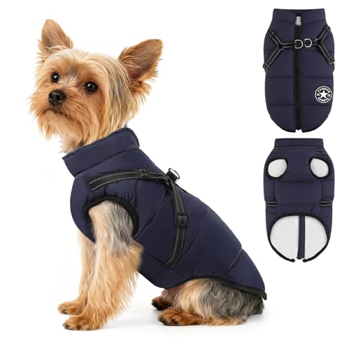 Eikuavons Hundemantel mit Geschirr, Hundejacken Wasserdicht, Wasserdichter Hundemantel, Welpen Winter Warme Jacke, Winddichte Haustierkleidung, Haustier Skifahren Kostüm, Blau 3XL von Eikuavons