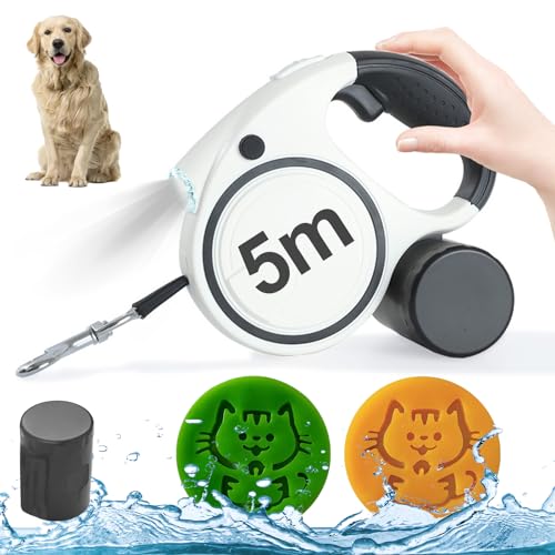 Hundeleine, 5m Rollleine für Hunde,mit 2 Stücke Wäsche Haarfänger Waschmaschine, LED-Taschenlampe,360° verknotungsfreier Leine,mit Beutelspender für kleine mittelgroße Hunde von Einemgeld