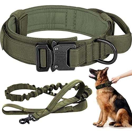 Taktisches Hundehalsband und Leine, verstellbar, Nylon, Militär-Hundehalsband mit Kontrollgriff, robuste Metallschnalle und Bungee-Leine für Hundetraining (Größe XL, Armeegrün) von Eitchen