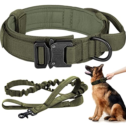 Taktisches Hundehalsband und Leine, verstellbar, Nylon, Militär-Hundehalsband mit Kontrollgriff, robuste Metallschnalle und Bungee-Leine für Hundetraining (groß, Armeegrün) von Eitchen