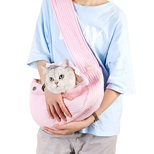 Kleine Hunde Katzen Umhängetasche Schultertasche Hundetragetasche mit Breiter 10cm Schultergurt Leicht Atmungsaktiver Transporttasche für Freien und Ausflüge (L, Rosa) von Elaye