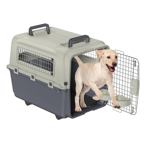 Eldzenith Katzentransportbox, Transportbox Hund mit Sicherheitsverriegelung und LüFtungsgitter, katzenbox für Flugreisen mit Urinbarriere Schalen FressnäPfe und Tragegriff(L, 67.5×51×52.8cm) von Eldzenith