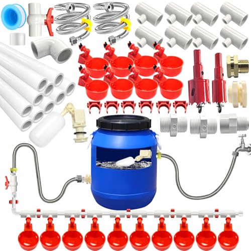 Automatisches Hühner-Bewässerungssystem-Set mit Hühner-Wasserbechern, Nippeln, Schwimmerventil-Pipeline, 58-teiliges komplettes Set, Hühner-Wasserspender, großes Hühner-Bewässerungssystem, PVC von Elefama