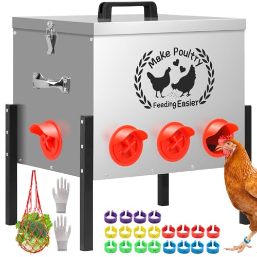 Automatisches Hühnerfutter-Set, 8 Anschlüsse, 22,7 kg, groß, Metall, Geflügel-Futterstation, Enten-Hühnerstall, Küken-Futterstation, Futterspender, kein Abfall, mit verstellbaren Beinen von Elefama