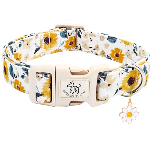 Elegant little tail Hundehalsband, Sonnenblumenmuster, niedlich, langlebig, Frühling für Damen oder Herren, verstellbar, Baumwolle, Haustierhalsband mit Schnellverschluss-Schnalle für große Hunde von Elegant little tail