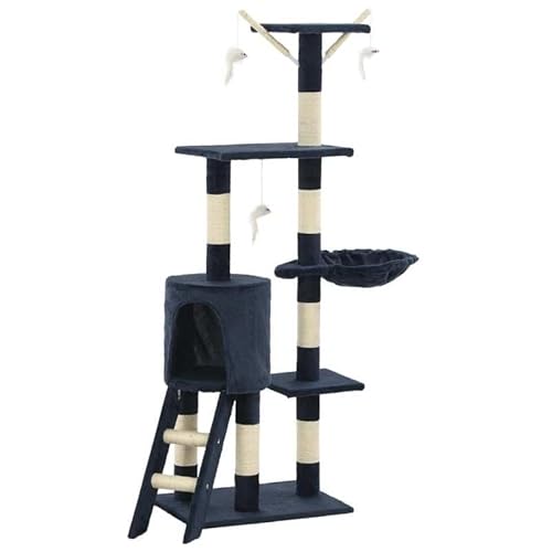 Katzen-Kratzbaum mit Sisal-Säulen - Kratzbaum für Katzen mit Plüschbezug & Sisal-Seil - Stabiles Spanplatten-Gestell - 138 cm Höhe Dunkelblau - Perfekt für Katzenbetten & Wohnzimmer von Eleganz
