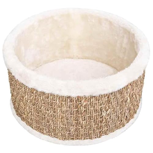 Katzenbett Rund aus Seegras & Plüsch - Katzenkorb 36 cm mit Spanplatte - Gemütliches Schlafkörbchen für Katzen - Umweltfreundlich & Atmungsaktiv von Eleganz