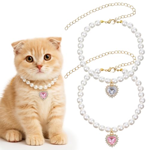 ElevateTech 2 x Perlen-Halsband für Katzen und Hunde, kleine Herzform, Haustier-Perlen, verstellbar, Haustier-Schmuck, Zubehör, Geburtstag, Hochzeit, Party, Halsband für Welpen, Kätzchen, Kleid von ElevateTech