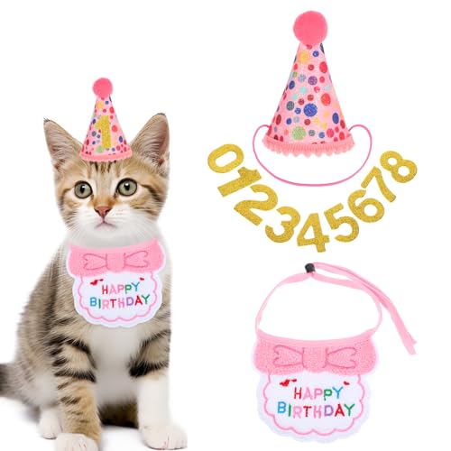 ElevateTech 3-teiliges Geburtstagsparty-Zubehör für Katzen, Hunde, Geburtstagshut, Bandana, Krawatte mit Zahlen, Halsband, Hund, Tutu, Hut, Schal, Dekorationen, geeignet für kleine bis mittelgroße von ElevateTech