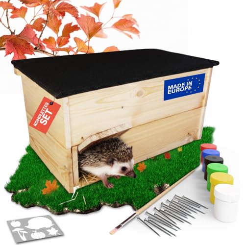 Eli® Igelhaus Bausatz für Kinder mit Rattenklappe und Labyrintheingang aus Kiefernholz zum Bemalen – inkl 6 Farben - Pinsel - Schrauben - Schablonen & Vorlagen von Eli