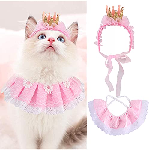 Cat Bandana für Katzen, Cute Dog Cat Lace Bandana Schal und Crown Hat Pink Cat Kostüme Outfit für Hochzeit, Geburtstagsfeier, Fotografie von Elionless