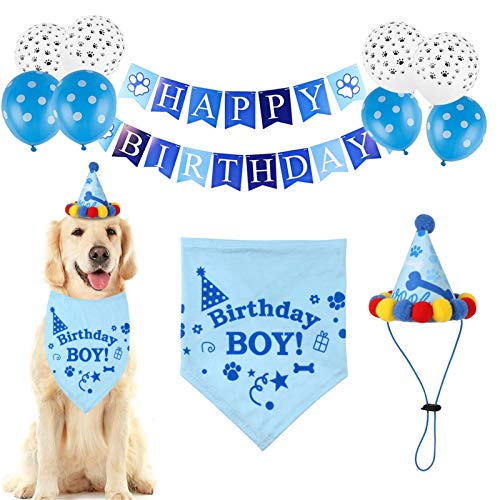 Elionless Haustier-Hunde-Geburtstagsdekoration, Geburtstagsparty-Zubehör, Bandana-Hut, Happy Birthday-Banner und Ballon-Set für Mädchen und Jungen (blau) von Elionless