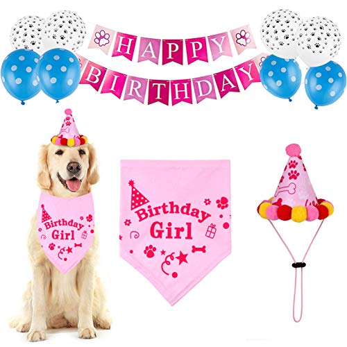 Elionless Haustier-Hunde-Geburtstagsdekoration, Geburtstagsparty-Zubehör, Bandana-Hut, Happy Birthday-Banner und Luftballon-Set für Mädchen und Jungen (rosa) von Elionless