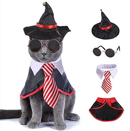 Halloween Haustier Kostüm, Haustier Katze Hund Halloween Vampir Umhang Zauberer Hut, Brille und Fliege Set Kätzchen Welpen Outfit Kleidung (L) von Elionless