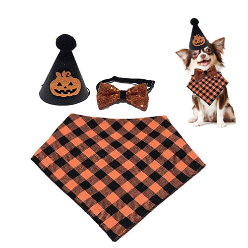 Haustier Halloween Kostüm, 3pcs Hund Hut Bandanas Schal und Fliege Set Hund Katze Halloween Outfit Partyzubehör von Elionless