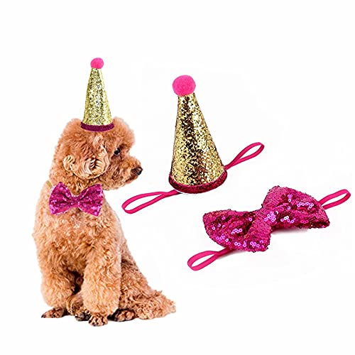 Hund Geburtstag Hut, 2 Stück Haustier Hut und Fliege Party Dekoration Party Kopfbedeckung Haustier Kleidung Zubehör (Rosenrot) von Elionless
