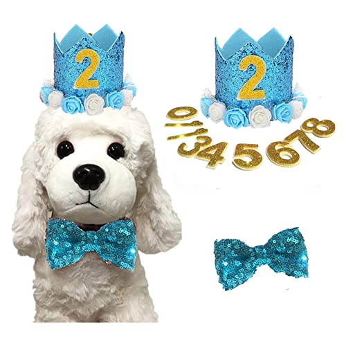 Geburtstagshut für Hunde, Katze, Hund, Geburtstagskrone, Hut und Fliege mit 0–9 Figuren, Charms, Partyzubehör für kleine, mittelgroße Welpen, Kätzchen, Blau (Blau) von Elionless