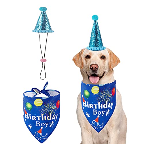 Hundehut Bandana Set, Haustier Hund Katze Geburtstagshut Schal Kostüm Partyzubehör für kleine mittelgroße Hunde (Blauer Schal & Hut) von Elionless