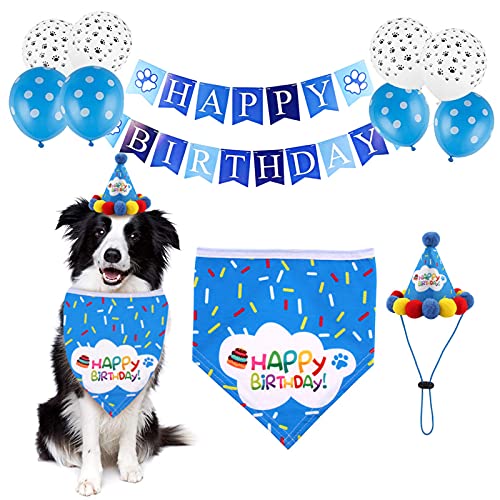 Tiergeburtstagsfeierzubehör, Hund Alles Gute zum Geburtstag Bandana Hut Banner Luftballons Partydekorationen für Welpenkatzen (Blau) von Elionless