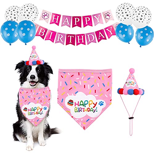 Tiergeburtstagsfeierzubehör, Hund Alles Gute zum Geburtstag Bandana Hut Banner Luftballons Partydekorationen für Welpenkatzen (Rosa) von Elionless