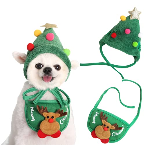 Weihnachtshaustierkostüm, verstellbare Katze Hund Weihnachtsmann-Hut und Lätzchen Partybedarf Welpen-Kätzchen (L, Grün) von Elionless