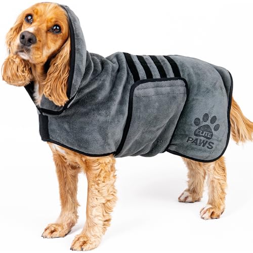 Elite Paws Luxuriöser Hunde-Trockenmantel, dicker und weicher als die meisten Bademäntel, trocknet Haustiere in ca. 20–30 Minuten, super saugfähige Mikrofaser, begrenzt Unordnung, bedeckt die Ohren von Elite Paws