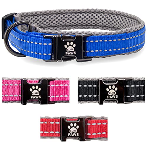 Elite Paws Premium Hundehalsband, haltbare schwarze Metallschnalle, starkes Nylon mit weichem, atmungsaktivem Mesh-Pad, reflektierende Nähte, kleine/mittel/große Hunde (60-65 cm, blau/grau) von Elite Paws