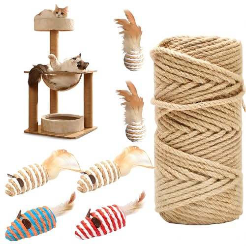 Sisalseil 6mm/50m für Katzenkratzbaum Ersatz, Natur Juteseil mit 2 Katzenspielzeug Sisalbälle/4 Sisalmäuse, Dickes Natürliches Hanfseil, Lange Kratzseil für DIY Verpackung/Pfotenballen/Garten Sisalseil 6mm/50m für Katzenkratzbaum Ersatz, Natur Juteseil mit 2 Katzenspielzeug Sisalbälle/4 Sisalmäuse, Dickes Natürliches Hanfseil, Lange Kratzseil für DIY Verpackung/Pfotenballen/Garten von Elitecran
