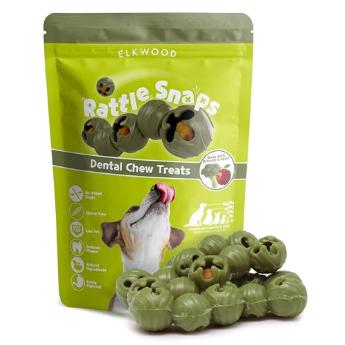 Elkwood Rattlesnaps Kauspielzeug für Hunde (4er-Pack) | Brokkoli & Apfel mit Huhn - Antioxidantienreiches, getreidefreies Kauen, fördert gesunde Zähne, Zahnfleisch & Verdauung von Elkwood